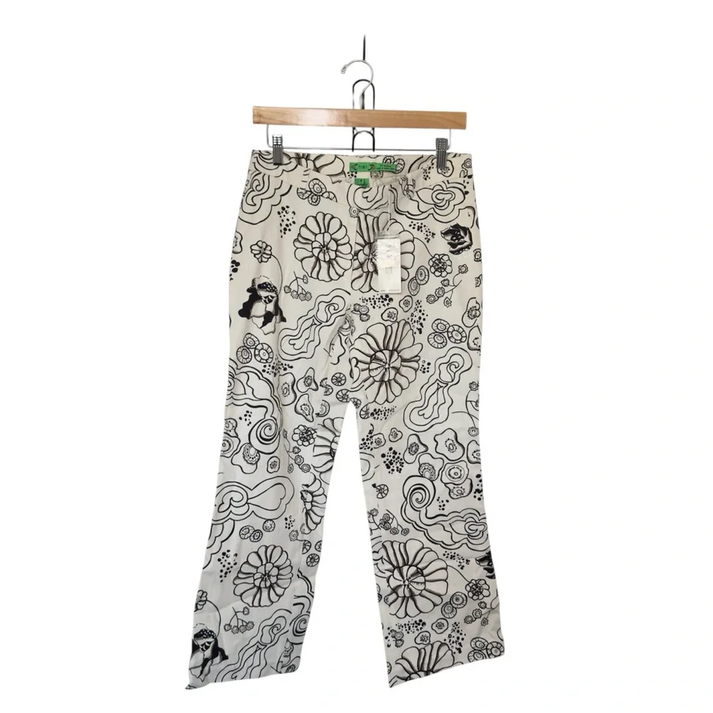 Tibi Size 8‎ Black White Brown Floral Abstract Statement Wide Leg Ankle Pants